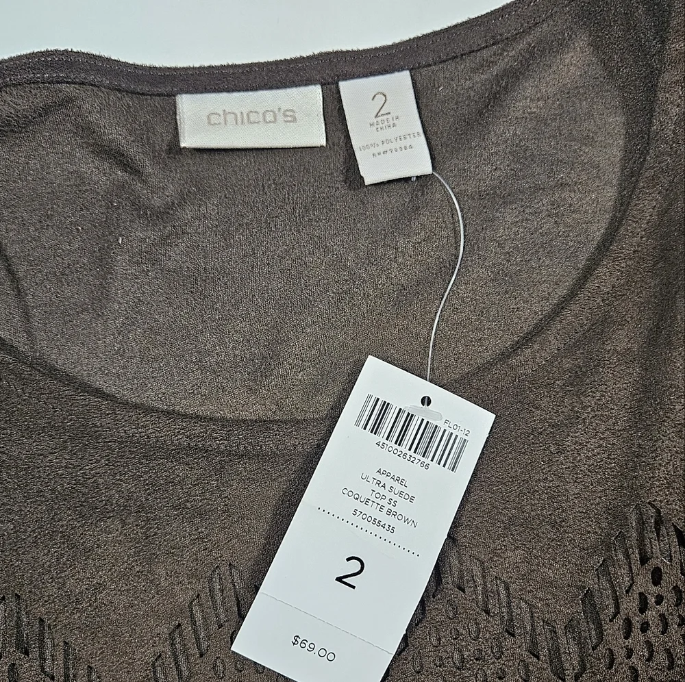 Chicos Chocolate Brown Ultra Suede Coquette Top Size 2 US 12 Large Sheer Blouse - Picture 10 of 12
